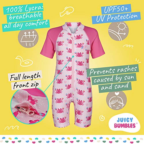 Juicy Bumbles Bañador Bebe Niña - Traje de Baño con Protección Solar Anti UV de Una Pieza para Bebés y Niños Pequeños - Traje de Mangas Cortas UPF50 + Cangrejos Rosas - 6-12 Meses