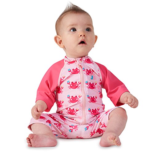 Juicy Bumbles Bañador Bebe Niña - Traje de Baño con Protección Solar Anti UV de Una Pieza para Bebés y Niños Pequeños - Traje de Mangas Cortas UPF50 + Cangrejos Rosas - 6-12 Meses