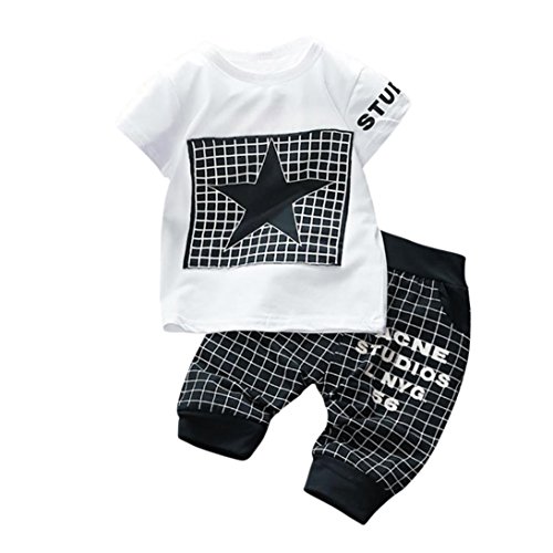 K-youth Conjuntos Bebé Niño, Ropa Recién Nacidos Bebe Niño Camiseta Mangas Cortas Enrejado Estrellas Cartas Estampado Tops y Pantalones Verano Ropa Conjunto (Negro, 6-12 Meses)