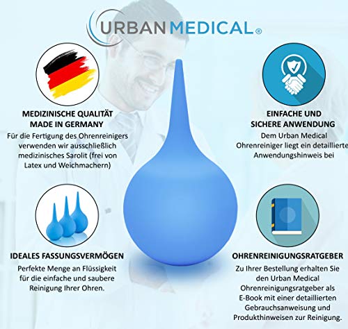 Limpiador de oídos médico de Urban Medical ® [2019] | 200 ml | Limpieza profesional y eliminador de cera de oidos por medio de un enjuague interno auditivo |