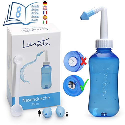 Lunata (Upgrade 2019) Ducha Nasal para Niños y Adultos + Cuchara dosificadora + 2 Puntas + Recetas para irrigación nasal, ducha nariz, limpieza lavado nasal