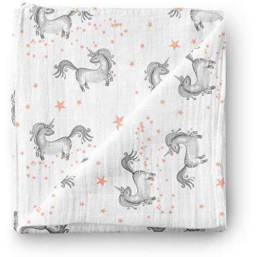 Manta de muselina para bebé Aenne Baby, Unicornio estrella rosa, Grande 120 x 120 cm, 1 pack, algodón de bambú sedoso lujoso y suave, regalo para bebé recién nacida