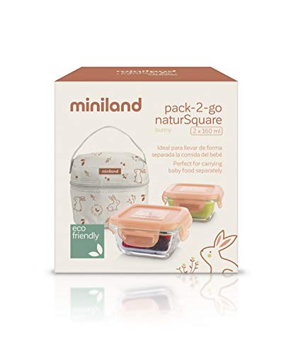 Miniland PACK-2-GO NATURSQUARE BUNNY - Set de herméticos y funda, Color Natural Bunny