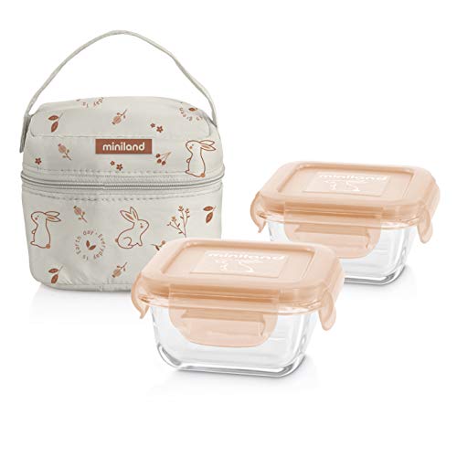 Miniland PACK-2-GO NATURSQUARE BUNNY - Set de herméticos y funda, Color Natural Bunny