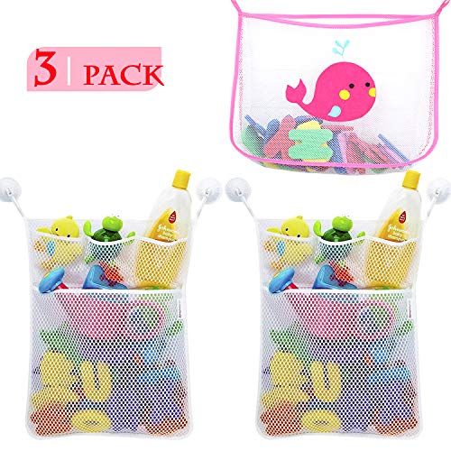 NEPAK 3 Pcs Red de Baño Almacenamiento Bolsa de Juguete + 6 Piezas Ganchos,Almacenamiento de Juguetes Baño para Bebés, Toy Storage Net para Baby Bath Toys y más