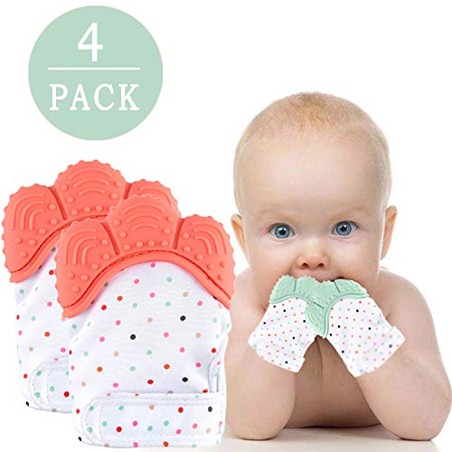 NEPAK 4 pack Baby dentición Manoplas-Protege Manos Bebés-Pain Relief Tranquilizadora de Edad- baby Dentación Mittens-Silicona flexible SIN BPA(Colores coral y menta)