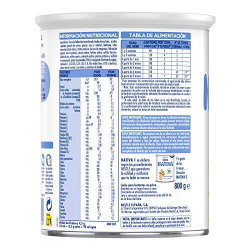 Nestlé Nativa 1- Leche Para Lactantes En Polvo- Fórmula Para Bebés- Desde El Primer Día - pack de 3 latas x800 gr - Total: 2400 gr