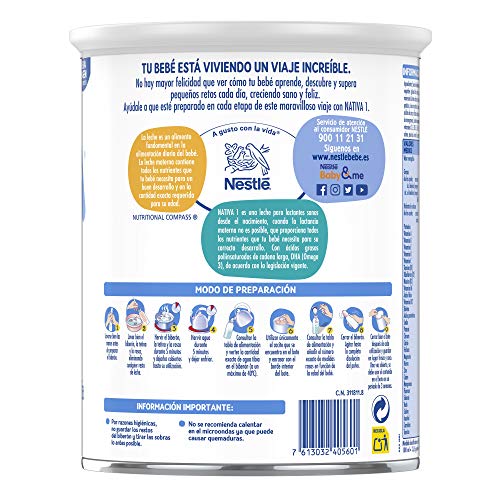 Nestlé Nativa 1- Leche Para Lactantes En Polvo- Fórmula Para Bebés- Desde El Primer Día - pack de 3 latas x800 gr - Total: 2400 gr