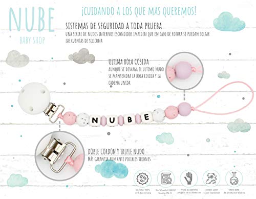 NUBE.Chupetero Personalizado con el Nombre del Bebe Niño. Alivio de las Molestias Propias de la Dentición. Diseño Exclusivo. Práctica Bolsa de Regalo.(PINK)