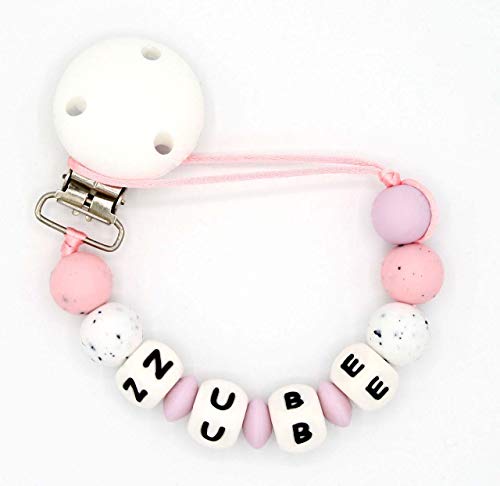 NUBE.Chupetero Personalizado con el Nombre del Bebe Niño. Alivio de las Molestias Propias de la Dentición. Diseño Exclusivo. Práctica Bolsa de Regalo.(PINK)