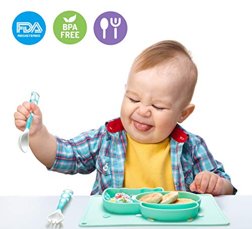 Plato de Silicona para Bebe Niños Antideslizante Mini Bebe Plato con Ventosa Placemat Silicona sin BPA y aprobado por la FDA, Aptos para Lavavajillas, Cian