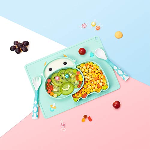 Plato de Silicona para Bebe Niños Antideslizante Mini Bebe Plato con Ventosa Placemat Silicona sin BPA y aprobado por la FDA, Aptos para Lavavajillas, Cian