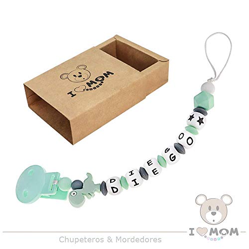 RUBY - Chupetero Personalizado para Bebé con Nombre Bola Antibacteriana con Pinza Redonda de Silicona, con 2 Agujeros de Seguridad. Chupetero Dinosaurio (Menta)