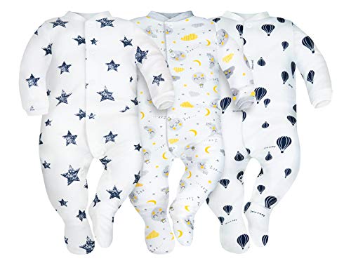 Sibinulo Niño Niña Pijama Bebé Pelele de Algodón Pack de 3 Globos, Estrellas y Lunas 62(0-3 Meses)