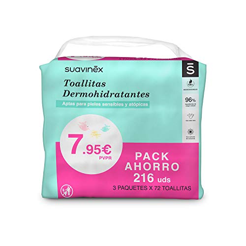 Suavinex 3x Pack 72 toallitas dermohidratantes para bebé. Toallitas aptas para pieles atópicas. 96% ingredientes de origen natural, Toallitas 100% biodegradables, 216 toallitas