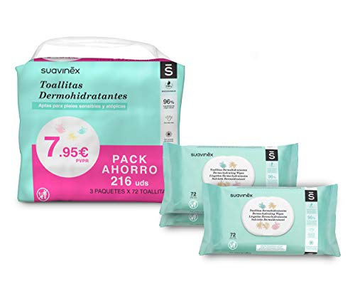 Suavinex 3x Pack 72 toallitas dermohidratantes para bebé. Toallitas aptas para pieles atópicas. 96% ingredientes de origen natural, Toallitas 100% biodegradables, 216 toallitas