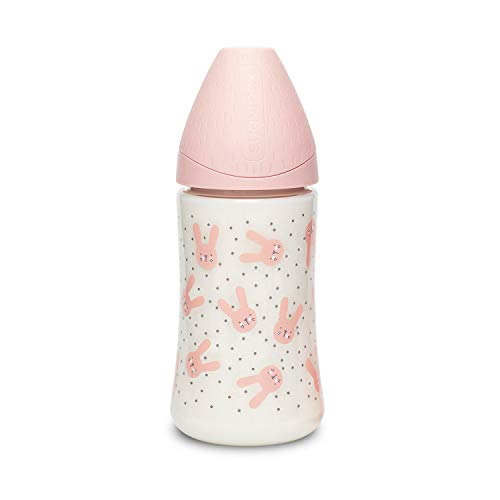 Suavinex Biberón Premium Tetina Redonda de Silicona 3 Posiciones 0% BPA, 270ml, Rabbit Rosa