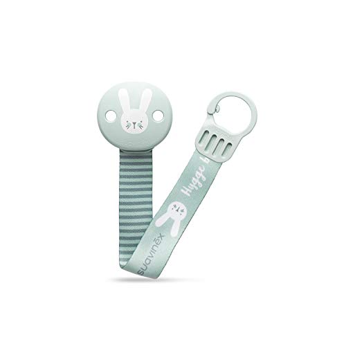 Suavinex - Broche pinza con cinta de chupetes para bebés +0 meses. Broche Pinza Redondo. Con nueva placa más pequeña. 0% BPA. Color verde.