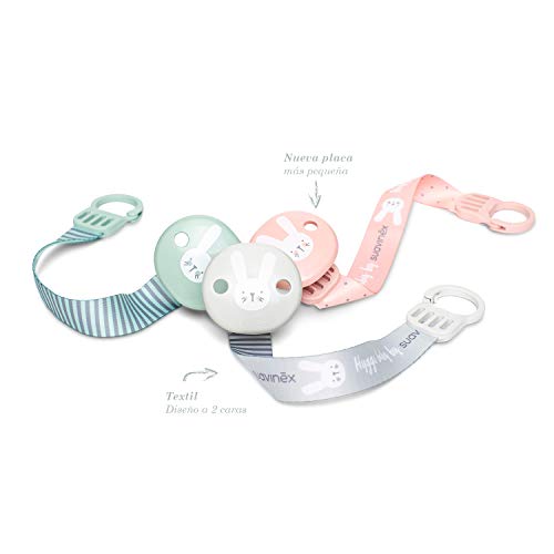 Suavinex - Broche pinza con cinta de chupetes para bebés +0 meses. Broche Pinza Redondo. Con nueva placa más pequeña. 0% BPA. Color verde.