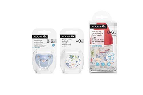 Suavinex – Set recién nacido con biberón 150ml con tetina anatómica de silicona + Chupete para bebés de 0-6 meses con tetina anatómica de silicona + Broche. diseño azul. Pack Exclusivo Amazon