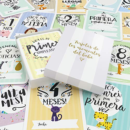 Tarjetas de Etapas del Bebé y Caja de Recuerdos, 40 Tarjetas de Fotos de Momentos Especiales Unisex, con los Logros de Edades Claves y Embarazo, el Regalo Ideal para la Futura Mamá (Español)