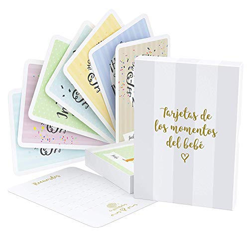 Tarjetas de Etapas del Bebé y Caja de Recuerdos, 40 Tarjetas de Fotos de Momentos Especiales Unisex, con los Logros de Edades Claves y Embarazo, el Regalo Ideal para la Futura Mamá (Español)