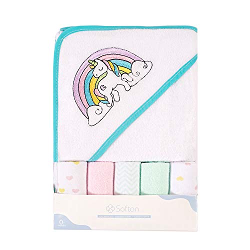 Toalla de baño con capucha y toallitas para bebé, Extra suave y ultra absorbente, Paquete de 6 regalos para recién nacidos y bebés, unicornio