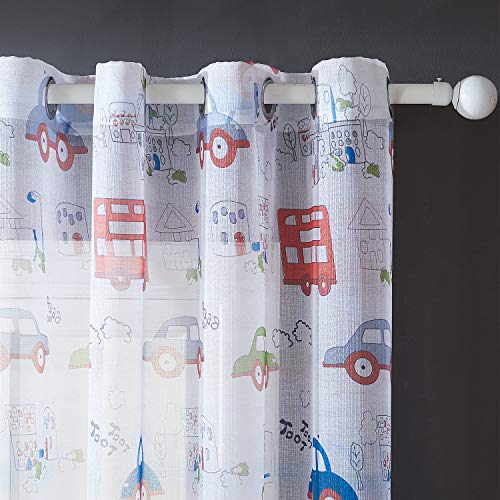 Topfinel Cortinas Estampado Translúcidas Visillos Infantiles Paneles para Ventanas niños Habitaciones Salon Dormitorio Moderno Gasa con Coche Impresión de Ojetes,140 Anchura x 245cm Longitud 2 Pieza