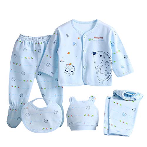 Value Pack Recién Nacido Bebé, 6PCS Bebé Niña Niño Dibujos Animados Manga Larga Tops + Sombrero + Dos Pantalones + Conjunto de Traje Babero (0-3 Meses, Azul)