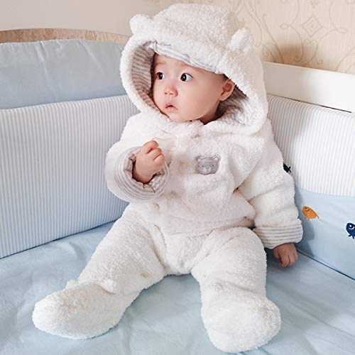 Vine Traje de Nieve Bebé Ropa de Invierno Footed Peleles Mameluco con Capucha Cálido Monos para Niños Niñas, Blanco 3-6 Meses