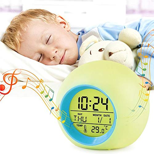 YUES Reloj Despertador Digital para niños, LED Reloj Alarma con 7 Colores Cambio de luz con Calendario y Termómetro, Control táctil Junto a la Cama,Rosado