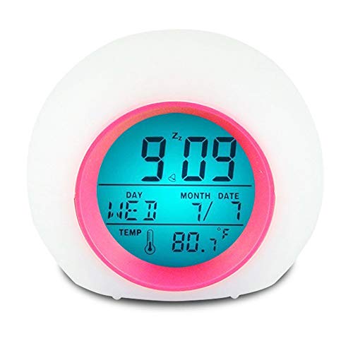 YUES Reloj Despertador Digital para niños, LED Reloj Alarma con 7 Colores Cambio de luz con Calendario y Termómetro, Control táctil Junto a la Cama,Rosado