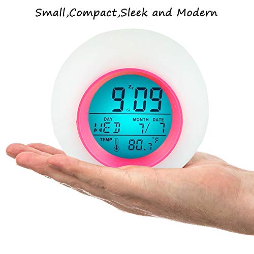 YUES Reloj Despertador Digital para niños, LED Reloj Alarma con 7 Colores Cambio de luz con Calendario y Termómetro, Control táctil Junto a la Cama,Rosado