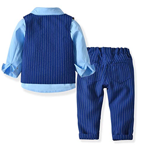 ZOEREA 3 Piezas Trajes de Bebés Niños Chaleco + Camisa con Pajarita + Pantalones Niño Caballeros Bautismo Boda Bautizo Patrón de Rayas Azules Conjuntos de Ropa Azul, Etiqueta 100