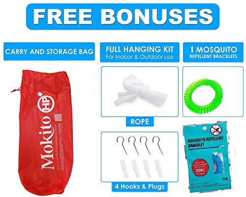 #1 El Mejor Mosquitero Hecho - El más Grande Mosquitero De Toldo Para Cama Doble – Repelente Del Insecto De La Malaria – Bonos Gratis: 2 Pulseras Repelentes De Insectos, Un Kit Completo Para Colgar y Bolsa Para Transportarlo.