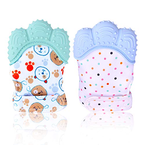 2PCS Guante Dentición Bebé Manopla Mordedor Bebe Manopla de Silicona Protege Manos para Bebés + 2pcs Baberos Bebe Regalo Excelente