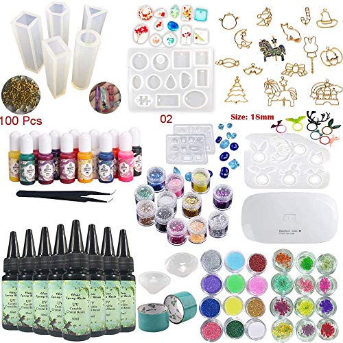 8 piezas 30 ml de resina epoxi de cristal adhesivo UV, 1 pinza de lámpara 36 decoración 11 piezas de silicona 100 anillos 13 pigmento líquido de color 17 joyería de metal con 2X 5 metros de cinta