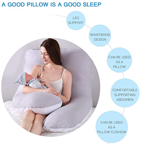 Almohada de embarazo, incluye funda de almohada de algodón, almohadas de maternidad para mujeres embarazadas con forma de U, funda de almohada desmontable y lavable, 70 x 145 cm (Gris + blanco)