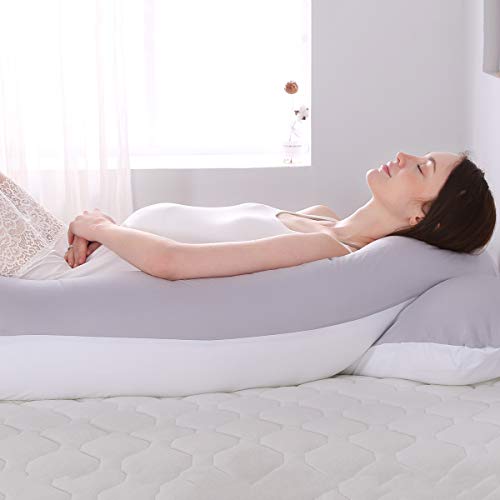 Almohada de embarazo, incluye funda de almohada de algodón, almohadas de maternidad para mujeres embarazadas con forma de U, funda de almohada desmontable y lavable, 70 x 145 cm (Gris + blanco)