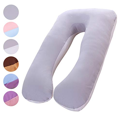 Almohada de embarazo, incluye funda de almohada de algodón, almohadas de maternidad para mujeres embarazadas con forma de U, funda de almohada desmontable y lavable, 70 x 145 cm (Gris + blanco)