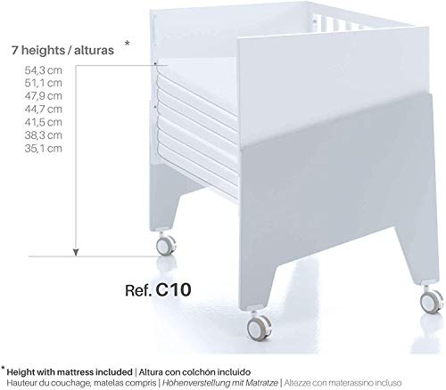 Alondra - Minicuna Colecho EQUO LIFE (5 etapas) Madera y blanco + Set 3Textiles + Colchón antiahogo, convertible en: sillón + mesa + juguetero + colecho + minicuna) 7 alturas somier C1794-TX194