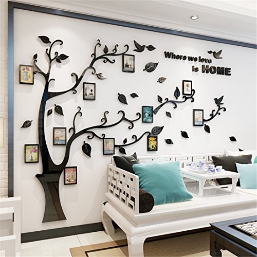 Árbol Pegatinas de Pared - 3D Árbol Marco de Fotos DIY Etiqueta Murales Decoración para Salón, Dormitorio, Oficina, Habitación para Niños (L: 175 * 230CM, 1 Negro Derecha)