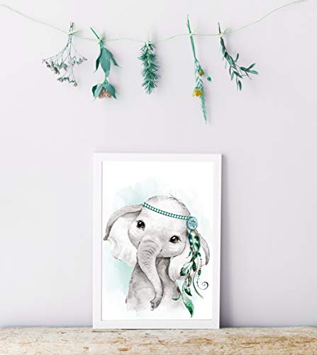 artpin® - Juego de 6 imágenes para habitación de niños y niñas en menta gris pluma – Póster de animales indios P62