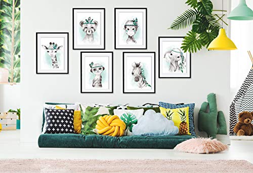 artpin® - Juego de 6 imágenes para habitación de niños y niñas en menta gris pluma – Póster de animales indios P62