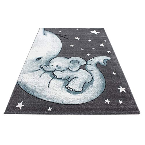 Ayyildiz Teppich Alfombra Infantil para habitación Infantil, diseño de Elefantes, 120 x 120 cm, Redonda, Color Gris, Blanco y Azul