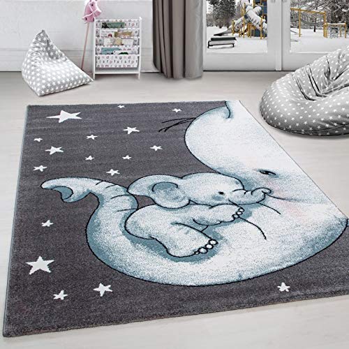 Ayyildiz Teppich Alfombra Infantil para habitación Infantil, diseño de Elefantes, 120 x 120 cm, Redonda, Color Gris, Blanco y Azul