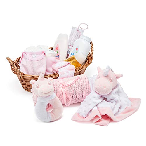 Baby Box Shop - Cesta regalo bebé niña con ropa de bebé - Artículos esenciales para niñas recién nacidas - Manta de bebé - Doudou y sonajero de unicornio rosa