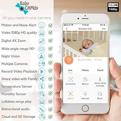 Baby CAMdy - Vigilabebe con camara vigilancia WiFi interior para bebes, HD 1080p. Fijación en cuna bebe. Aplicación inteligente iOS/Android