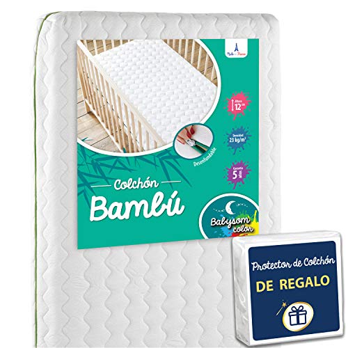 Babysom - Colchón Cuna Bebé Bambú + 1 Protector de colchón impermeable DE REGALO - 60 x 120 cm - Natural - Antiasfixia - Transpirable - Reglaje Térmico