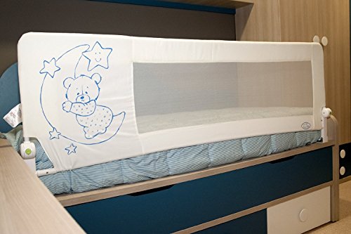 Barrera de cama para bebé, 180 x 65 cm. Modelo osito y luna azul. Barrera de seguridad.